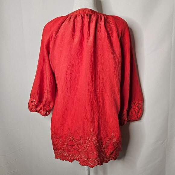 Figueroa & Flower Boho Peasant Rusty Orange Lace Button Neck Top Size Medium - Picture 5 of 9